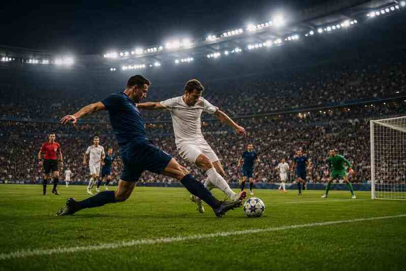 Football players competing during a live match in a stadium